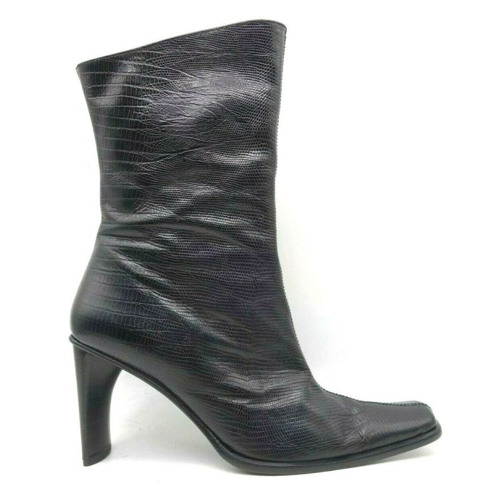 Bebe Black Lizard Print Zip Up Split Toe Tall Heel Fashion Boots Women's 8